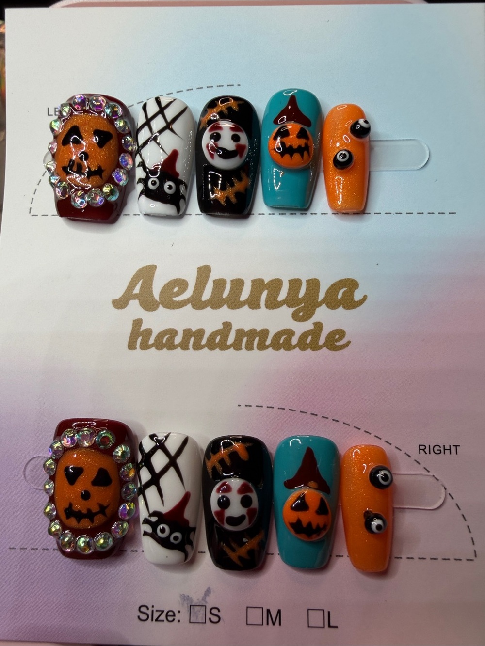 Halloween Press-On Nail Set — Orange, Black, White, Teal